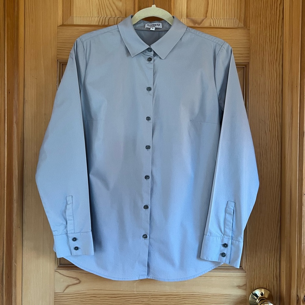 Express, women’s fitted button down shirt, Grey, Size L